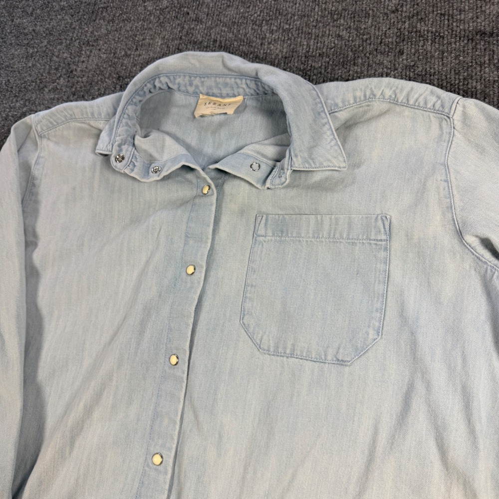 Sezane Tomboy Shirt Organic Cotton Light Wash Denim Blue Size 32 French Girl
